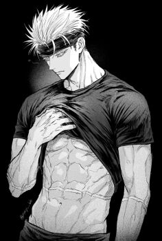 Rule 34 | 1boy, abs, black background, blindfold, blindfold on head, closed mouth, clothes lift, commentary request, gojou satoru, greyscale, jujutsu kaisen, lifting own clothes, male focus, monochrome, navel, nay bb, pectorals, scar, scar on arm, shirt lift, short hair, sideburns, simple background, solo, toned, toned male, twitter username