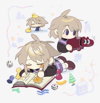 1girl ahoge akabeko banana blush book brown_hair brown_shoes brown_sleeves chibi chibi_only closed_eyes closed_mouth coloring_book commentary_request crayon dice drawing_(action) food fruit hair_flaps highres holding holding_crayon hrdrifter long_sleeves lying medium_hair multiple_views no_mouth nose_blush object_on_head on_stomach open_book partially_submerged pleated_skirt purple_eyes purple_sweater puzzle_piece ripples rubber_duck school_swimsuit shoes skirt star_(symbol) sweater swimsuit tree unusually_open_eyes urotsuki white_skirt yume_2kki yurie_mouth