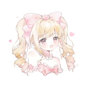 1girl baonu_de_zhanshen_caibutou bare_shoulders blonde_hair bow bow_choker bowtie chinese_commentary choker commentary_request cropped_torso detached_sleeves dot_nose dress drill_hair eyelashes frilled_dress frilled_sleeves frills hair_bow hair_intakes hair_ornament happy heart highres infinity_nikki jewelry large_bow light_blush long_hair looking_at_viewer loose_hair_strand making-of_available necklace nikki_(series) open_mouth pink_bow pink_bowtie pink_choker pink_dress pink_eyes pink_ribbon_waltz_(infinity_nikki) pink_sleeves shell shell_hair_ornament simple_background smile solo sparkle star_(symbol) strapless strapless_dress striped_bow striped_bowtie striped_clothes twin_drills twintails white_background