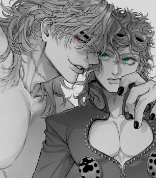 2boys black_nails cleavage_cutout closed_mouth clothing_cutout dio_brando father_and_son giorno_giovanna green_eyes high_collar highres jacket jojo_no_kimyou_na_bouken komiya_harumoto ladybug_ornament long_hair looking_at_another looking_at_viewer male_focus monochrome multiple_boys muscular muscular_male parted_lips pectoral_cleavage pectorals red_eyes scar scar_on_neck smile spot_color stardust_crusaders teeth time_paradox topless_male vento_aureo victory_rolls wing_ornament