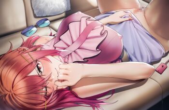 1girl blue-tinted_eyewear blue_skirt blush breasts censored closed_mouth clothes_lift commentary controller couch covered_erect_nipples cowboy_shot female_masturbation frilled_shirt frills gradient_hair hair_between_eyes hair_ornament hairclip hand_to_own_mouth hololive hololive_dev_is ichijou_ririka ichijou_ririka_(1st_costume) large_breasts lifting_own_clothes looking_at_viewer lying masturbation medium_hair miniskirt mosaic_censoring multicolored_hair nail_polish no_panties on_back one_eye_closed orange_eyes orange_hair orange_nails paid_reward_available pink_hair pink_shirt pussy remote_control sex_toy shirt skirt skirt_lift sleeveless sleeveless_shirt smile solo sunglasses tamamoice tinted_eyewear two-tone_hair unworn_eyewear upside-down v-shaped_eyebrows vibrator virtual_youtuber