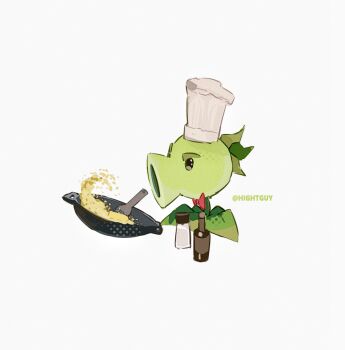 Rule 34 | artist name, black eyes, bottle, bow, bowl, bowtie, chef hat, chinese commentary, commentary request, cooking, film grain, flat top chef hat, food, from side, halftone, hat, hightguy, leaf, looking at object, no humans, omelet, omurice, open mouth, plant, plant focus, plants vs. zombies, red bow, red bowtie, repeater (plants vs. zombies), salt shaker, simple background, solid oval eyes, solo, spatula, traditional bowtie, white background, white hat