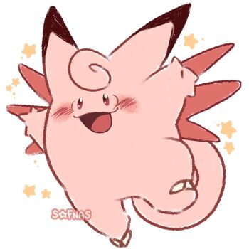 absurdres blush clefable full_body gen_1_pokemon highres horns nintendo no_humans open_mouth pokemon pokemon_(creature) pokemon_focus simple_background smile sofnas star_(symbol) tail white_background wings