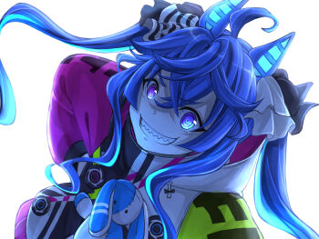 Rule 34 | 1girl, @ @, ahoge, animal ears, batako (pfbatakopd), blue eyes, blue hair, commentary request, crossed bangs, drawstring, grin, heterochromia, highres, hood, hooded coat, hoodie, horse ears, horse girl, long hair, long sleeves, looking at viewer, multicolored hair, multicolored hoodie, open mouth, purple eyes, sharp teeth, smile, solo, stuffed animal, stuffed rabbit, stuffed toy, teeth, twin turbo (blast mode! turbo engine) (umamusume), twin turbo (umamusume), twintails, umamusume