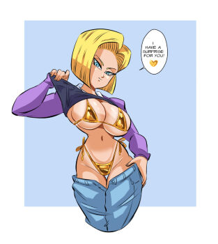 1girl android_18 bikini blonde_hair blue_eyes breasts breasts_out dragon_ball dragon_ball_super english_text excited excited_for_sex funsexydragonball gold_bikini happy heart smile solo speech_bubble swimsuit thick_thighs thighs undressing
