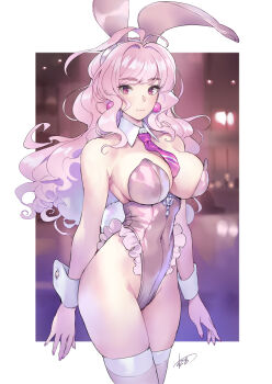 1girl animal_ears antenna_hair border breasts closed_mouth commentary_request covered_navel cowboy_shot detached_collar earrings fake_animal_ears frilled_leotard frills highleg highleg_leotard highres jewelry large_breasts leotard long_hair looking_at_viewer matsuda_(matsukichi) nail_polish necktie original outside_border pink_eyes pink_hair pink_leotard pink_nails pink_necktie pink_thighhighs playboy_bunny rabbit_ears short_necktie signature solo sphere_earrings standing strapless strapless_leotard thighhighs very_long_fingernails very_long_hair white_border white_wrist_cuffs wrist_cuffs