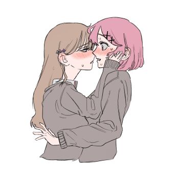2girls amaori_renako ashigaya_high_school_uniform blush brown_hair commentary eye_contact grey_sweater hand_on_another's_face highres imminent_kiss long_hair looking_at_another medium_hair multiple_girls nicole_(tcfhsjuece10357) parted_lips pink_hair purple_eyes school_uniform sena_ajisai simple_background sweat sweater watashi_ga_koibito_ni_nareru_wake_naijan_murimuri! white_background yuri