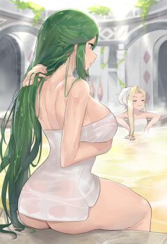 2girls ass bare_back blonde_hair breasts butt_crack closed_eyes green_eyes green_hair hand_in_own_hair j@ck kid_icarus kid_icarus_uprising large_breasts long_hair multiple_girls nintendo onsen palutena parted_bangs sideboob sidelocks sitting steam towel towel_on_head viridi water