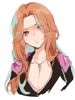 1girl 2022 alternate_eye_color bleach breasts chain chain_necklace female_focus highres jewelry large_breasts lips looking_at_viewer matsumoto_rangiku mole mole_under_mouth necklace orange_hair pink_shawl shawl shihakusho simple_background ui_1231 upper_body white_background