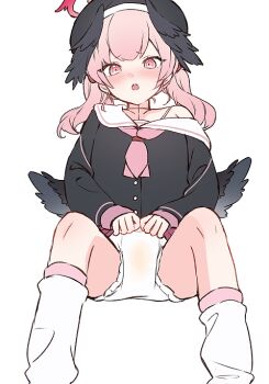 1girl :o black_cardigan black_hat black_wings blue_archive blush brcl7777 cardigan commentary_request diaper embarrassed feet_out_of_frame hat head_wings invisible_chair koharu_(blue_archive) loli long_hair long_sleeves looking_at_viewer loose_socks mini_wings neckerchief nose_blush open_mouth pee_stain pink_eyes pink_hair pink_neckerchief raised_inner_eyebrows sailor_collar school_uniform serafuku simple_background sitting socks solo sound_effects translation_request twintails variant_set white_background white_sailor_collar white_socks wings