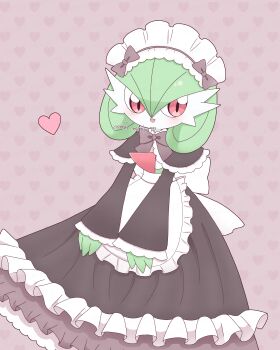 Rule 34 | 1girl, :3, apron, artist name, back bow, black capelet, black skirt, blush, bob cut, bow, bowtie, capelet, clothed pokemon, colored skin, female focus, flat chest, frilled apron, frilled capelet, frilled skirt, frills, gardevoir, gen 3 pokemon, green hair, green skin, hair between eyes, happy, heart, heart background, long skirt, long sleeves, looking at viewer, maid, maid headdress, meru (mer milky77), multicolored skin, nintendo, open mouth, pokemon, pokemon (creature), purple background, purple bow, purple bowtie, red eyes, short hair, skirt, smile, solo, standing, twitter username, two-tone skin, waist apron, watermark, white apron, white skin