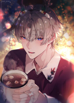 1boy alternate_costume artist_name blue_eyes brown_hair commentary_request cup hair_between_eyes highres holding holding_cup hot_chocolate light_blush looking_at_viewer male_focus nai_pizx open_mouth smile solo upper_body wuthering_waves xiangli_yao_(wuthering_waves)