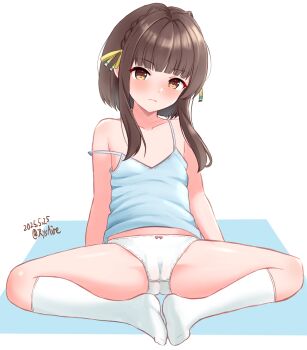 1girl alternate_costume ame-san blue_camisole blunt_bangs bow bow_panties braid brown_eyes brown_hair cameltoe camisole crotch_seam flat_chest hair_ribbon highres kantai_collection loli looking_at_viewer no_pants panties revision ribbon short_hair short_hair_with_long_locks side_braid sidelocks sitting socks solo spread_legs strap_slip ukuru_(kancolle) underwear white_panties white_socks