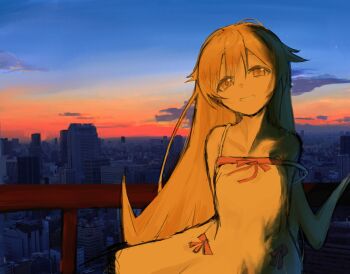 1girl arms_behind_back bare_shoulders blonde_hair blue_sky bow cityscape cloud collarbone commentary_request cowboy_shot dawn dot_nose dress dress_bow flipped_hair grin hair_between_eyes hair_flaps handrail head_tilt highres horizon kou313l long_hair looking_at_viewer monogatari_(series) orange_sky oshino_shinobu outdoors railing red_bow sidelighting sidelocks sky smile solo strap_slip sundress very_long_hair white_dress yellow_eyes