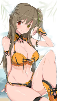 1girl bare_hips bare_legs bare_shoulders bikini boots breasts cleavage_cutout clothing_cutout female_wrestler hand_in_own_hair heterochromia highres huge_breasts knee_up legs long_hair looking_at_viewer o-ring o-ring_bikini on_ground orange_bikini orange_boots playing_with_own_hair red_eyes revealing_clothes sexually_suggestive side_ponytail sideboob simple_background sitting smile solo swimsuit thick_thighs thigh_strap thighband thighs wrestler wrestling_boots wrestling_outfit yaegashi_nan yellow_eyes