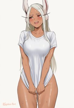 Rule 34 | 1girl, animal ears, averting eyes, boku no hero academia, breasts, commentary request, covering crotch, covering privates, cowboy shot, dark-skinned female, dark skin, highres, kaydenart, mirko, open mouth, rabbit ears, rabbit girl, red eyes, shirt, sidelocks, solo, standing, thighs, white background, white hair, white shirt