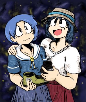 2girls absurdres amemiya-san_(arawi_keiichi) blue_hair city_(arawi_keiichi) cloud eyelashes hat highres ink izumi_wako looking_up multiple_girls nahmona open_mouth school_uniform shirt shoes star_(sky) white_shirt