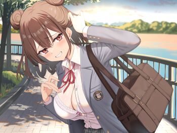 1girl artist_request bag black_skirt blazer blush bra breasts brown_eyes brown_hair cleavage collared_shirt crossed_bangs day double_bun grass grey_jacket grin hair_between_eyes hair_bun highres jacket large_breasts long_sleeves looking_at_viewer medium_hair mountainous_horizon ocean open_clothes open_shirt original outdoors pleated_skirt railing school_bag school_uniform shirt sidelocks skirt sky smile solo teeth tree underwear white_bra white_shirt