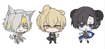 1girl 2boys absurdres alan0313 animal_ear_fluff animal_ears arm_at_side armor ascot asymmetrical_bangs black_coat black_gloves black_hair black_pants black_shoes black_shorts black_sleeves black_tail black_vest blue_scarf blunt_bangs cape cat_ears cat_girl cat_tail character_name chibi chibi_only closed_mouth coat collared_shirt commentary_request covering_own_mouth cross-laced_shoes crossed_bangs curtained_hair demian_(project_moon) demon_boy demon_horns demon_tail dog_boy dog_ears dog_tail dress_pants eyelashes facial_mark forehead_mark formal_clothes full_body gauntlets gloves greaves hair_between_eyes hair_intakes hair_over_one_eye hand_on_own_chest hand_over_own_mouth hand_up highres horns index_finger_raised kromer_(project_moon) lapels leaning_forward limbus_company long_sleeves looking_at_viewer military_uniform multiple_boys necktie open_clothes open_coat open_hands open_mouth pale_skin pants pauldrons pointy_ears project_moon purple_eyes red_necktie sabaton scarf shirt shoes short_hair shorts shoulder_armor sinclair_(project_moon) single_gauntlet single_pauldron single_sleeve slit_pupils smile socks suspender_pants suspenders tail three-quarter_sleeves tsurime undershirt vest white_background white_cape white_eyes white_pants white_shirt white_sleeves white_socks white_tail wing_collar yellow_ascot yellow_eyes yellow_tail