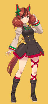 Rule 34 | 1girl, animal ears, arm at side, arm up, black dress, blush, boots, bow, bowtie, breasts, brown boots, brown dress, brown eyes, brown hair, commentary request, diagonal-striped bow, dress, ear bow, ear covers, ear ribbon, green bow, green bowtie, horse ears, horse girl, horse tail, juliet sleeves, long sleeves, looking at viewer, medium breasts, medium hair, multicolored hair, nice nature (poinsettia ribbon) (umamusume), nice nature (umamusume), pinafore dress, puffy sleeves, shimada fumikane, sleeveless, sleeveless dress, solo, streaked hair, striped bow, striped bowtie, striped clothes, tail, twintails, umamusume, yellow background