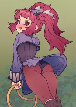 1girl :3 absurdres ass black_leotard blue_jacket blue_skirt blush boots brown_boots brown_eyes chakram cropped_jacket dewprism feet_out_of_frame from_behind green_background highres holding holding_weapon jacket leotard loli long_hair long_sleeves looking_at_viewer looking_back mint_(dewprism) no_pupils open_mouth pantyhose poruboto raised_eyebrow red_hair skirt solo twintails weapon