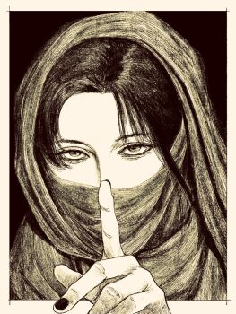 Rule 34 | 1girl, bandana, black hair, black outline, finger to mouth, greyscale, highres, hood, hood down, index finger raised, long hair, looking at viewer, monochrome, original, outline, solo, straight-on, tp p pt