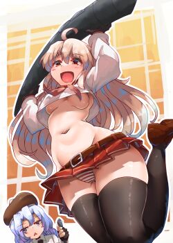 2girls ahoge artist_self-insert bakasp-lilzy belt belt_buckle black_gloves black_thighhighs blue_hair blush breasts buckle crop_top extreme_crop_top fingerless_gloves from_below gloves groin hair_between_eyes hat highres jumping legs legs_up long_hair medium_breasts microskirt midriff miniskirt multiple_girls navel open_mouth original panties pen pleated_skirt purple_eyes raised_eyebrows red_skirt revealing_clothes school_uniform serafuku shoes skindentation skirt smile stomach striped_clothes striped_panties stylus tagme thick_thighs thighhighs thighs triangle_mouth underboob underwear upskirt