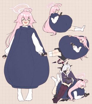 2girls :3 =_= absurdres ahoge bean_bag belt black_gloves black_skirt blue_archive blush_stickers cellphone fang fingerless_gloves gloves grey_hair grid_background headpat highres hina_(blue_archive) holding holding_phone hoshino_(blue_archive) jacket long_hair long_sleeves lying manmaderain multiple_girls multiple_views on_back on_stomach open_mouth phone pink_hair purple_jacket shirt sitting skirt smartphone smile socks solo solo_focus standing thighhighs white_shirt white_socks