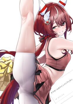 1girl animal_ears bare_shoulders blush cheerleader ear_covers green_eyes grin hair_between_eyes herohero_(higashi_no_dou) highres holding holding_pom_poms horse_ears horse_girl horse_tail long_hair low_ponytail pink_skirt pink_sports_bra pom_pom_(cheerleading) pom_poms ponytail red_hair shorts shorts_under_skirt sidelocks skirt smile solo split sports_bra standing standing_on_one_leg standing_split tail umamusume white_shorts win_variation_(umamusume)