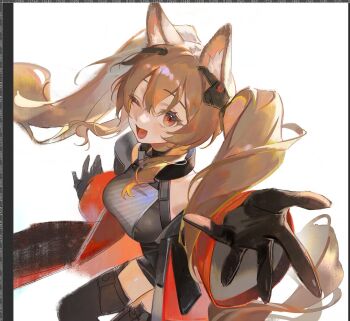 :d angelina_(arknights) animal_ear_fluff animal_ears arknights arknights:_endfield art_program_in_frame belt black_gloves black_thighhighs breasts brown_hair coat dress dutch_angle floating_clothes floating_hair fox_ears fox_girl gilberta_(arknights) gloves grey_dress head_hear headgear high_belt high_collar highres ilion large_breasts long_sidelocks looking_at_viewer off_shoulder offering_hand one_eye_closed open_clothes open_coat open_mouth orange_eyes outstretched_arms red_coat short_dress sidelocks simple_background smile spread_arms thighhighs twintails white_background zettai_ryouiki