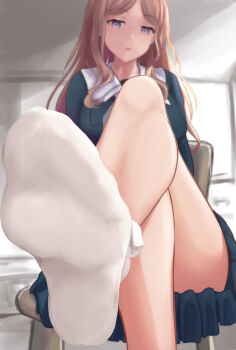 ankle_socks bang_dream! blue_eyes blue_shirt blue_skirt breasts brown_hair chair crossed_legs feet foot_focus foot_out_of_frame foreshortening head_tilt highres indoors large_breasts long_hair looking_at_viewer middle_part nagasaki_soyo no_shoes on_chair parted_bangs parted_lips putong_minzhong_siliaoji sailor_collar shirt sidelocks sitting skirt socks white_sailor_collar white_socks