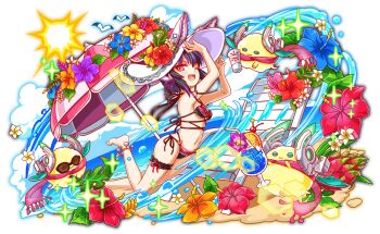 1girl 3others alternate_costume animal_ears anklet arm_strap artist_request bare_arms bare_legs bare_shoulders barefoot beach beach_chair beach_umbrella bikini black_bikini black_hair black_ribbon blue_flower blue_outline breasts cel_shading clam_shell_ornament closed_eyes closed_mouth cloud crash_fever cup disposable_cup drink fake_animal_ears flower food freud_(crash_fever) frilled_thigh_strap fruit full_body game_cg green_outline hat hat_flower heart heart_o-ring hibiscus holding holding_cup holding_drink holding_leaf horns jewelry knot leaf long_sidelocks looking_to_the_side mechanical_horns medium_breasts multi-strapped_bikini_top multicolored_bikini multicolored_hair multiple_others navel number_print numbered o-ring ocean official_alternate_costume official_art one_eye_closed open_mouth orange_(fruit) orange_flower orange_slice outdoors outline pink_eyes pink_scarf plumeria purple_flower purple_hair purple_ribbon rabbit_ears red_flower red_outline ribbon scarf see-through_scarf short_hair side-tie_bikini_bottom sidelocks solo_focus sparkle square square_print streaked_hair sun sun_hat sunglasses swimsuit tachi-e thigh_strap third-party_source transparent_background two-tone_bikini two-tone_umbrella umbrella water_drop white_flower yellow_flower