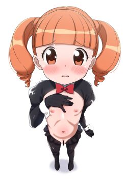 1girl angie_(meganekko-geki-love-1008) bar_censor black_gloves black_hiphighs blush bow bowtie censored drill_hair embarrassed fat_mons flat_chest frilled_hiphighs frills from_above functionally_nude gloves highres hiphighs juliet_sleeves loli long_sleeves navel nipples onegai_my_melody orange_hair puffy_sleeves red_bow red_bowtie reverse_bunnysuit reverse_outfit sanrio simple_background solo standing stomach twin_drills white_background yumeno_uta