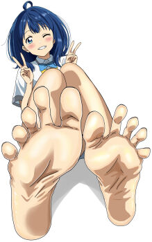 Rule 34 | 1girl, barefoot, blue eyes, blue hair, blush, dark blue hair, double v, feet, grin, highres, long hair, looking at viewer, make heroine ga oo sugiru!, one eye closed, riokasen, smile, soles, toes, v, wink, yanami anna