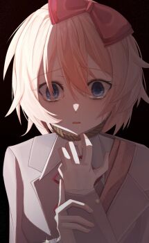 1girl 393_(rj9kjsr7od32618) black_background blue_eyes bow commentary crying crying_with_eyes_open doki_doki_literature_club eyes_visible_through_hair fingernails hair_between_eyes hair_bow highres holding_another's_wrists no_pupils noose open_mouth orange_hair red_bow sayori_(doki_doki_literature_club) short_hair straight-on tears