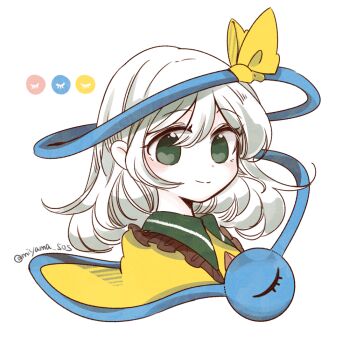 1girl bow closed_mouth collared_shirt commentary_request frilled_shirt_collar frills green_eyes grey_hair komeiji_koishi looking_at_viewer medium_hair portrait shirt simple_background smile solo tama_(hiroshige_36) third_eye touhou white_background yellow_bow yellow_shirt