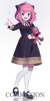 Rule 34 | 1girl, 2022, aged up, anya (spy x family), arm up, artist name, black dress, black shoes, blue eyes, bow, collared dress, commentary, commission, doll, dress, dress shoes, english commentary, female focus, full body, gold trim, gradient background, hair flaps, hairpods, happy, highres, holding, holding doll, long sleeves, looking at viewer, meloni shvarts, notice lines, open mouth, outstretched arm, pink hair, reaching, reaching towards viewer, red bow, shoes, short hair, simple background, socks, solo, spy x family, standing, standing on one leg, stuffed animal, stuffed toy, teeth, thighhighs, upper teeth only, white background, white socks