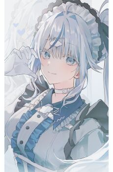 Rule 34 | 1girl, absurdres, aokumo rin, bccch123, blue eyes, buttons, center frills, choker, closed mouth, cloud hair ornament, commentary, frills, gloves, hand up, hashtag-only commentary, highres, long hair, looking at viewer, maid headdress, pillarboxed, ponytail, portrait, smile, solo, stellive, virtual youtuber, white choker, white gloves, white hair