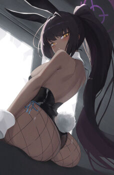 1girl animal_ears ass black_hair black_leotard blue_archive breasts commentary_request dark-skinned_female dark_skin fake_animal_ears fake_tail fishnet_pantyhose fishnets from_behind halo highres karin_(blue_archive) karin_(bunny)_(blue_archive) large_breasts leotard long_hair looking_at_viewer nstch_root_a official_alternate_costume official_art pantyhose purple_halo rabbit_ears rabbit_tail solo tail very_long_hair yellow_eyes