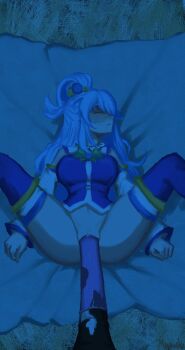 1boy 1girl animal_penis aqua_(konosuba) bestiality blue_hair blue_thighhighs bow bowtie breasts closed_eyes condom condom_on_penis detached_sleeves feet_out_of_frame from_above gold_trim hair_ornament hair_rings hetero highres horse_penis huge_penis indoors kono_subarashii_sekai_ni_shukufuku_wo! large_insertion large_variant_set long_hair long_sleeves lying medium_breasts myrneko navel on_back out_of_frame penis pussy rape saliva shadow signature sketch sleep_molestation sleeping spread_legs thighhighs thighs uncensored vaginal variant_set very_long_hair yellow_bow yellow_bowtie
