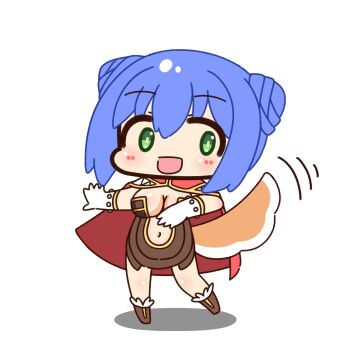 1girl :d blue_hair blush boots breasts brown_boots brown_dress cape chibi chibi_only cleavage commentary_request creator_(ragnarok_online) dog_tail double_bun dress full_body fur-trimmed_boots fur_trim gloves green_eyes hair_bun highres large_breasts looking_at_viewer navel open_mouth plunging_neckline ragnarok_online red_cape shizukushigure short_dress short_hair simple_background smile solo standing strapless strapless_dress tail tail_wagging white_background white_gloves