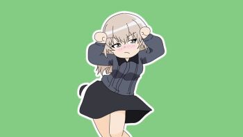 1girl animated animated_gif arms_up black_skirt blue_eyes blush caramelldansen collared_shirt dancing girls_und_panzer green_background grey_hair grey_jacket itsumi_erika jacket kuromorimine_school_uniform long_hair looking_to_the_side noriko_animation parody school_uniform shirt skirt solo