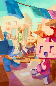 1girl 3boys :d building clothesline dress dulles_(mario) ellow_(mario) hashtag-only_commentary highres ireen_(mario) laundry legs_apart light_blush loog_(mario) looking_at_another looking_back mario_&amp;_luigi:_brothership mario_&amp;_luigi_rpg mario_(series) monyorun multiple_boys nintendo no_humans no_pupils no_sclera open_mouth outline red_dress red_eyes scarf smile standing standing_on_one_leg walking white_outline yellow_scarf