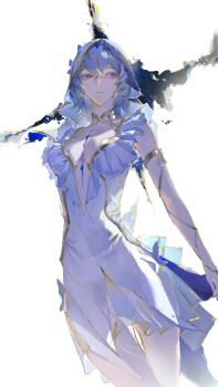 1girl armlet backlighting bare_arms blue_hair breasts breasts_apart chest_tattoo closed_mouth cowboy_shot crossed_bangs double-parted_bangs dress expressionless facing_viewer frilled_dress frills gold_armlet gusoyugo highres jewelry looking_to_the_side medium_breasts medium_hair nose painterly plunging_neckline purple_eyes shorekeeper_(wuthering_waves) short_dress simple_background sleeveless sleeveless_dress solo standing tattoo thigh_gap veil white_background white_dress white_veil wuthering_waves