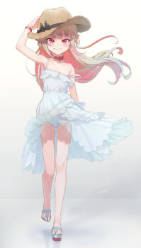 1girl arm_up armpits bare_legs bare_shoulders blush bracelet clothes_lift collar commentary dress dress_lift floating_hair full_body grey_hair hat highres jewelry long_hair looking_at_viewer makaino_ririmu makaino_ririmu_(3rd_costume) multicolored_hair nijisanji no_socks panties pantyshot pink_hair platform_sandals pointy_ears red_collar red_eyes sabamen sandals sleeveless sleeveless_dress smile solo spaghetti_strap strap_slip sun_hat sundress symbol-only_commentary two-tone_hair underwear virtual_youtuber white_dress white_panties wind wind_lift