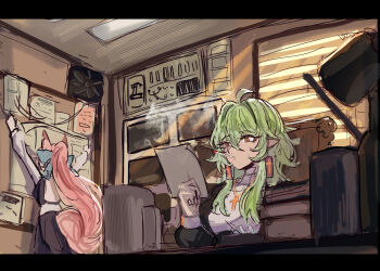 Rule 34 | 2girls, absurdres, ahoge, animal ears, arms up, ashtray, black dress, black skirt, blue bow, bow, brown eyes, chair, cigarette, commentary request, cross, dress, green hair, hair between eyes, hair bow, hair intakes, hand up, highres, indoors, latin cross, letterboxed, long hair, long sleeves, mouth hold, multiple girls, nun, on chair, original, pink hair, pleated skirt, ponytail, puffy long sleeves, puffy sleeves, shino duka, shirt, sitting, sketch, skirt, smoke, smoking, standing, very long hair, white shirt, window blinds