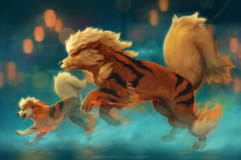 Rule 34 | animal, animal focus, arcanine, claws, closed mouth, deviantart username, devin elle kurtz, dog, evolutionary line, fire, gen 1 pokemon, growlithe, nintendo, no humans, open mouth, pokemon, running