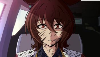 1girl agnes_tachyon_(tach-nology)_(umamusume) agnes_tachyon_(umamusume) animal_ears bags_under_eyes brown_eyes brown_hair car_interior commentary cyberpunk:_edgerunners cyberpunk_(series) david_martinez_stare_(meme) english_commentary expressionless hair_between_eyes highres horse_ears horse_girl johnholl0w long_bangs looking_at_viewer meme short_hair solo thousand_yard_stare umamusume upper_body