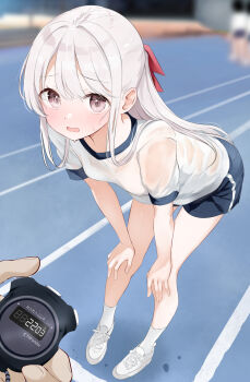 1girl blue_shorts blurry blurry_background blush breasts brown_eyes commentary_request from_side full_body gym_shirt gym_shorts hair_ribbon hamaken._(novelize) hands_on_own_knees highres holding holding_stopwatch leaning_forward long_hair looking_at_viewer open_mouth original red_ribbon ribbon shirt shoes shorts small_breasts socks solo_focus stopwatch sweat sweaty_clothes track_and_field watch white_shoes white_socks