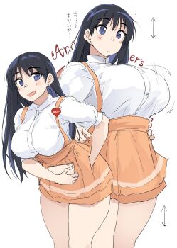 Rule 34 | 1girl, anna miller, arato nagi, black hair, blue eyes, blush, breasts, collared shirt, earrings, highres, jewelry, large breasts, long hair, looking at viewer, multiple views, open mouth, orange skirt, ruri no houseki, shirt, short sleeves, sketch, skirt, smile, stud earrings, suspender skirt, suspenders, thighs, translation request, waitress, zekkyon